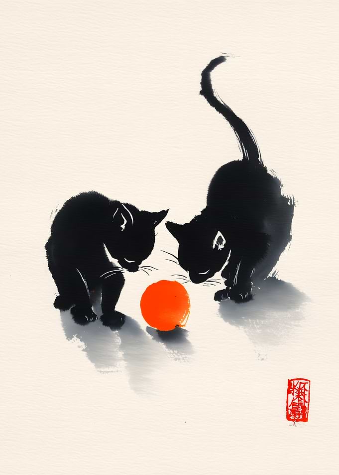 Two Black Cats with Orange Ball