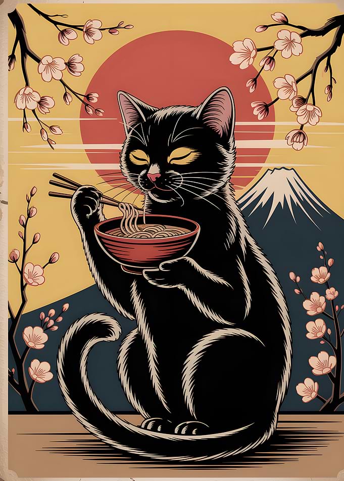 Black Cat Eating Ramen with Chopsticks