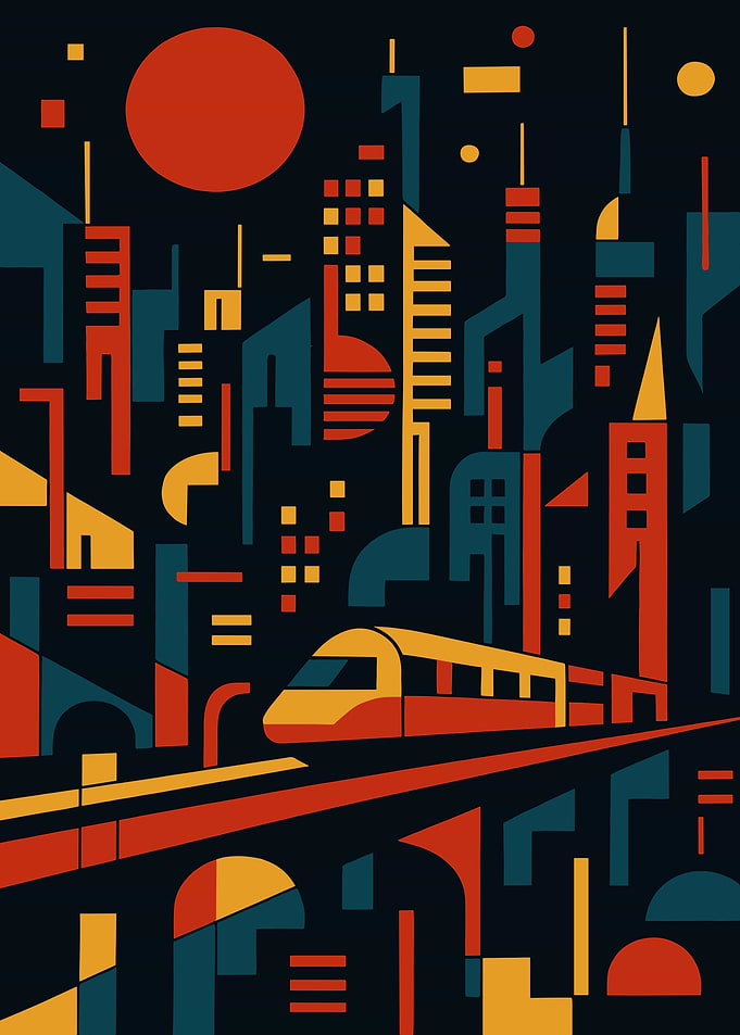 Abstract Cityscape with Train Illustration