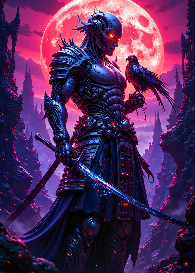 Cyberpunk Samurai with Falcon under Red Moon