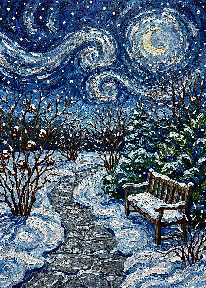 Winter Night Landscape Painting with Bench