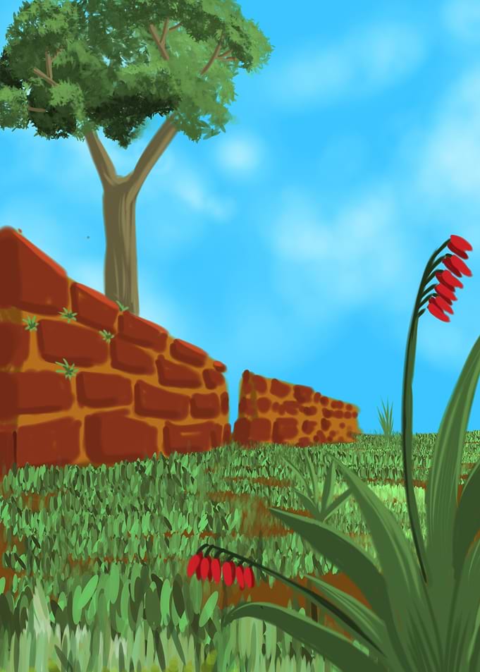 Brick Wall and Flowers Landscape