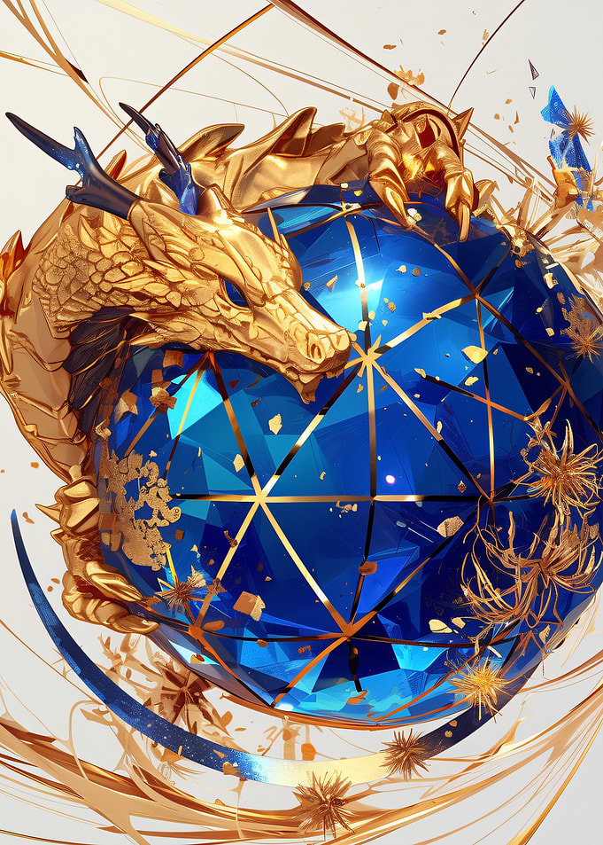 Golden Dragon and Blue Geometric Sphere