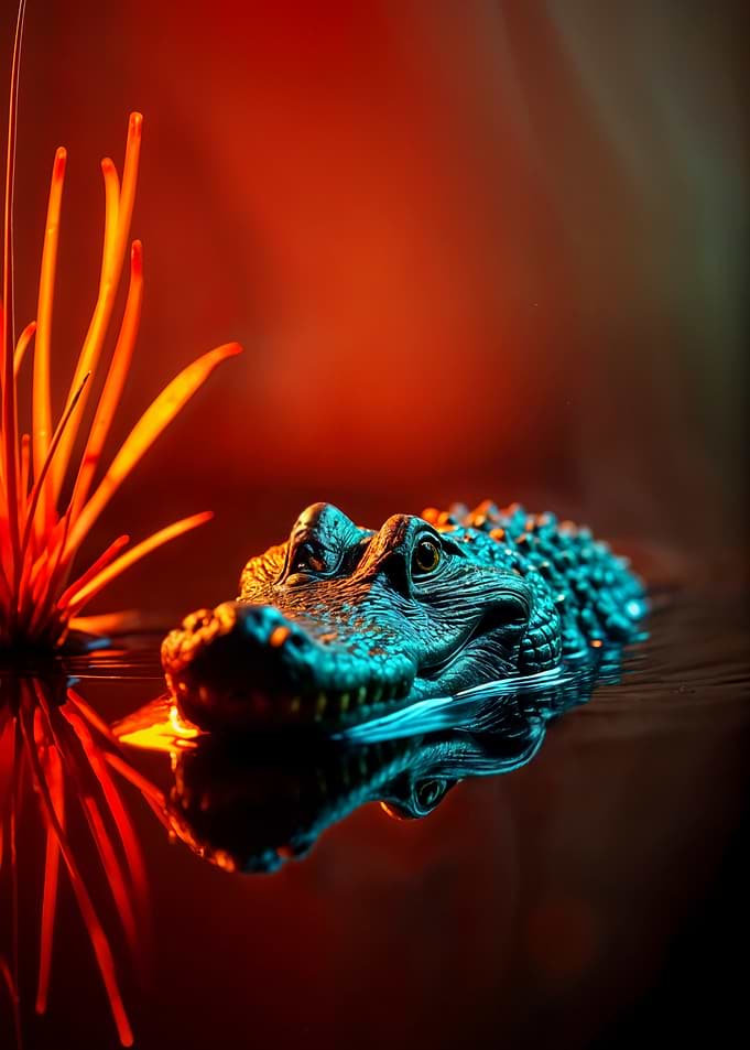 Alligator in Water with Plant Reflection