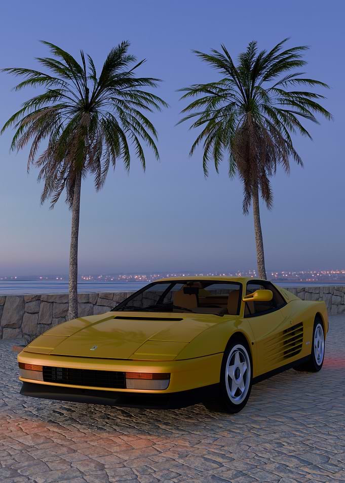 Yellow Ferrari Testarossa by the beach