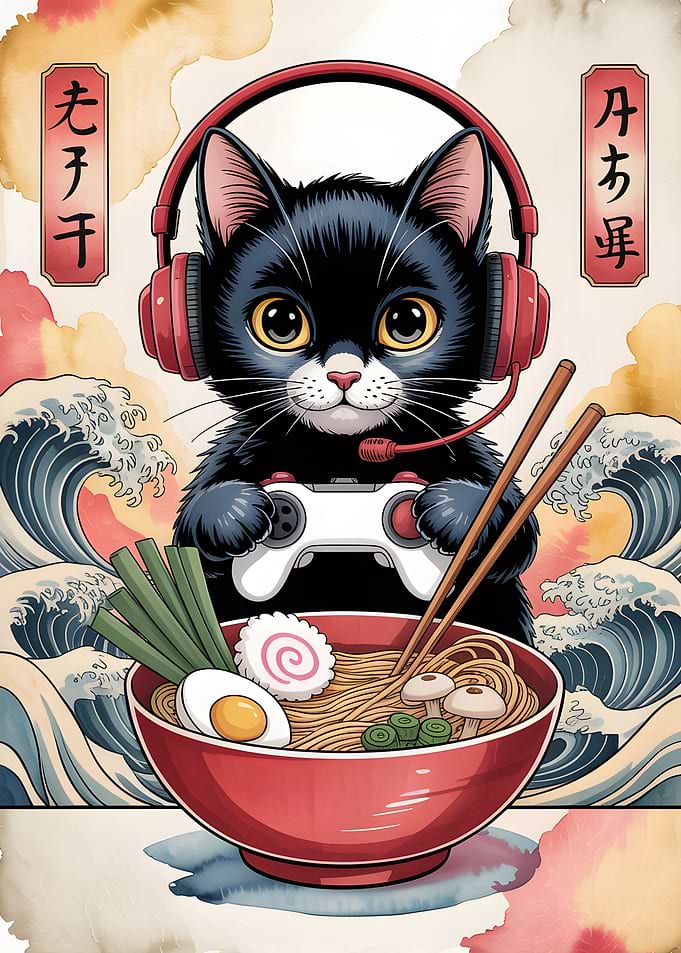 Gamer Cat with Ramen and Waves