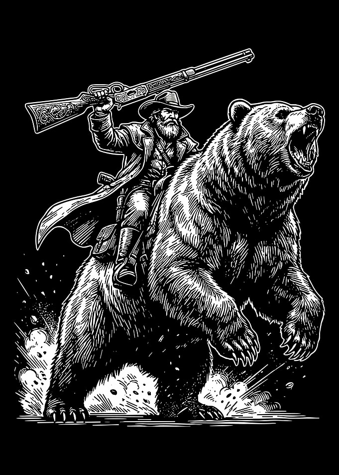 Cowboy Riding Bear Poster, Vintage Western Illustration Print, Black and White Wall Art