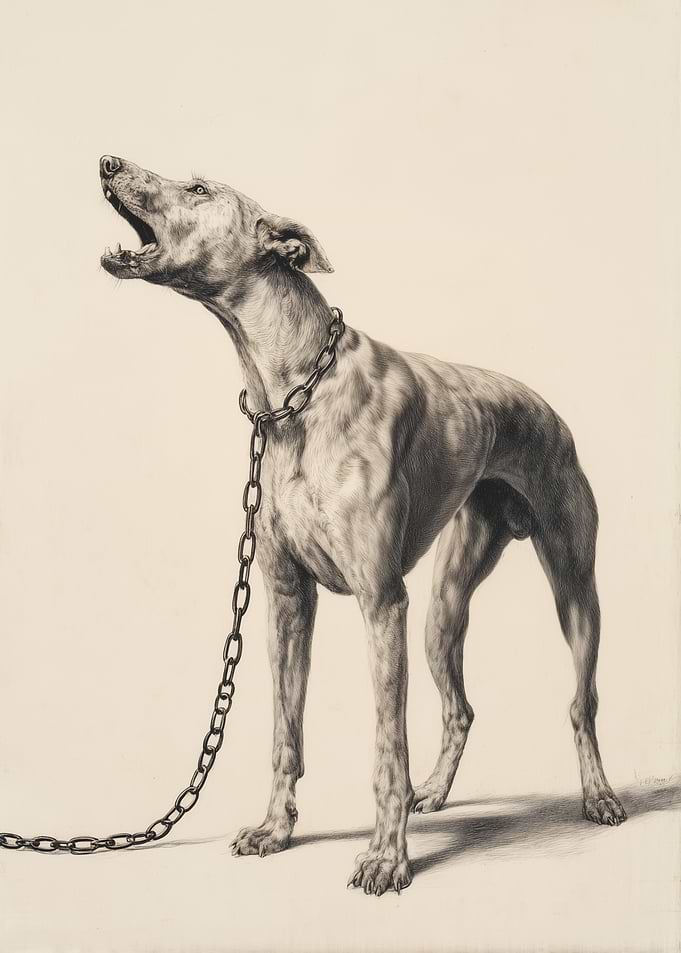 Engraving of a chained, howling dog