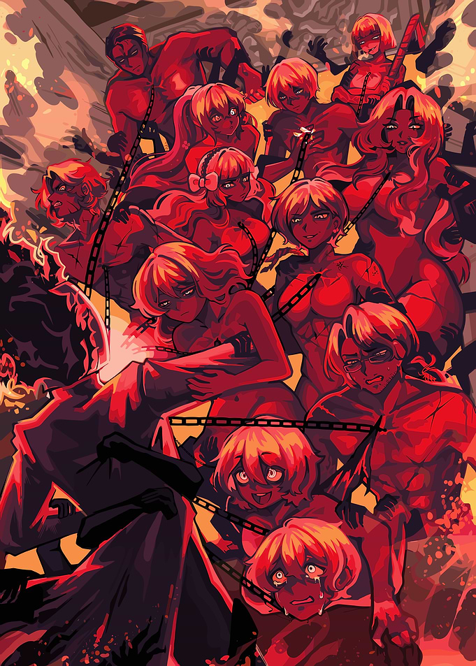 Chained Figures in Red and Black