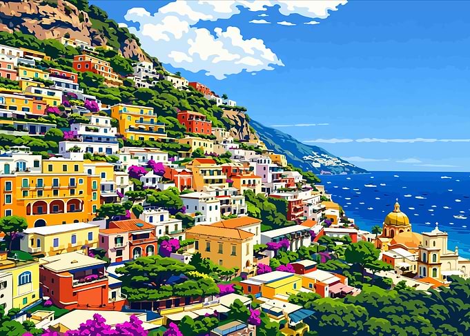Colorful European Coastal Town on Hillside