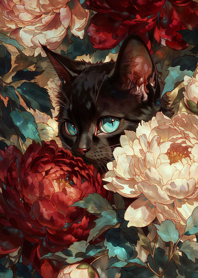 Cute Black Cat Hidden in Flowers
