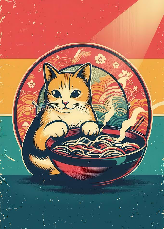 Cat with Ramen Bowl Retro Art