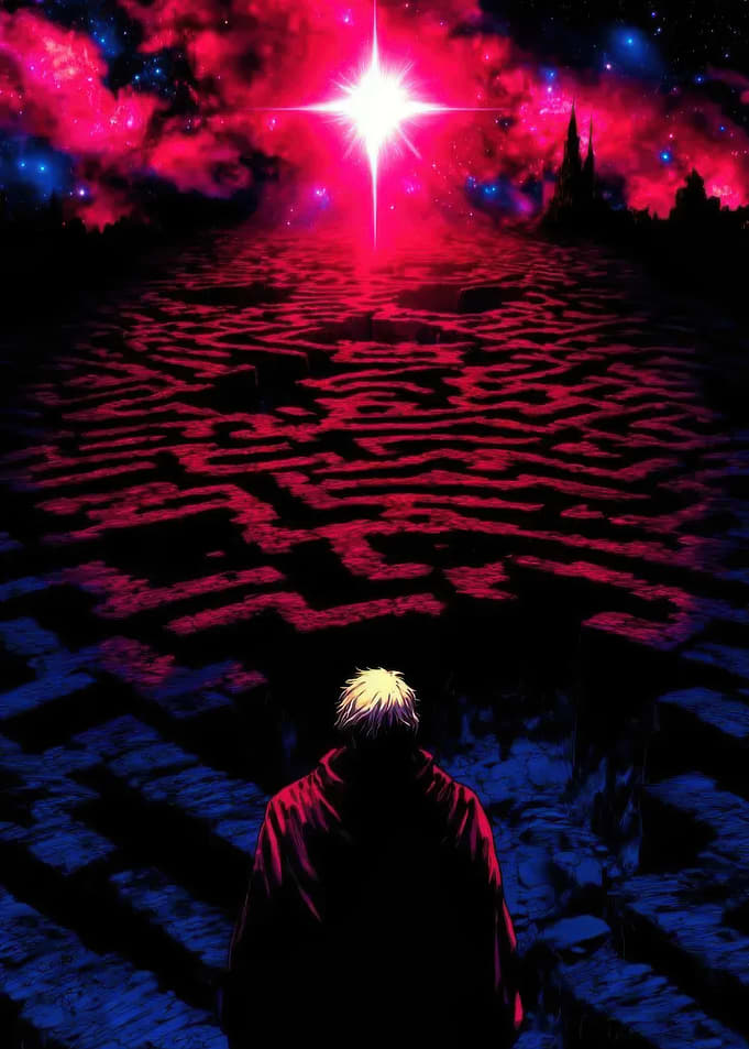 Maze, Star, and Cloaked Figure