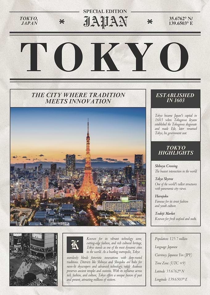 Tokyo Japan Newspaper Style Poster
