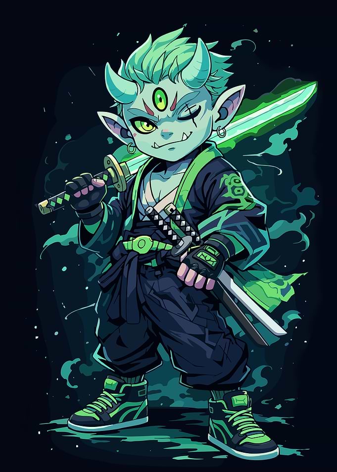 Cartoon Oni Warrior with Swords