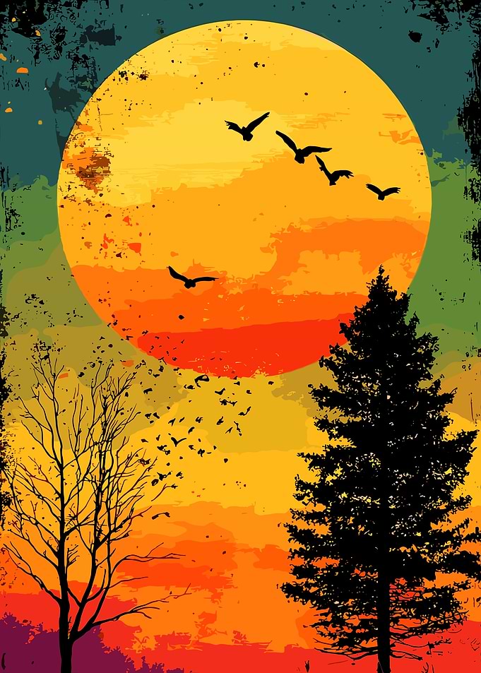 Sunset Landscape with Birds and Trees