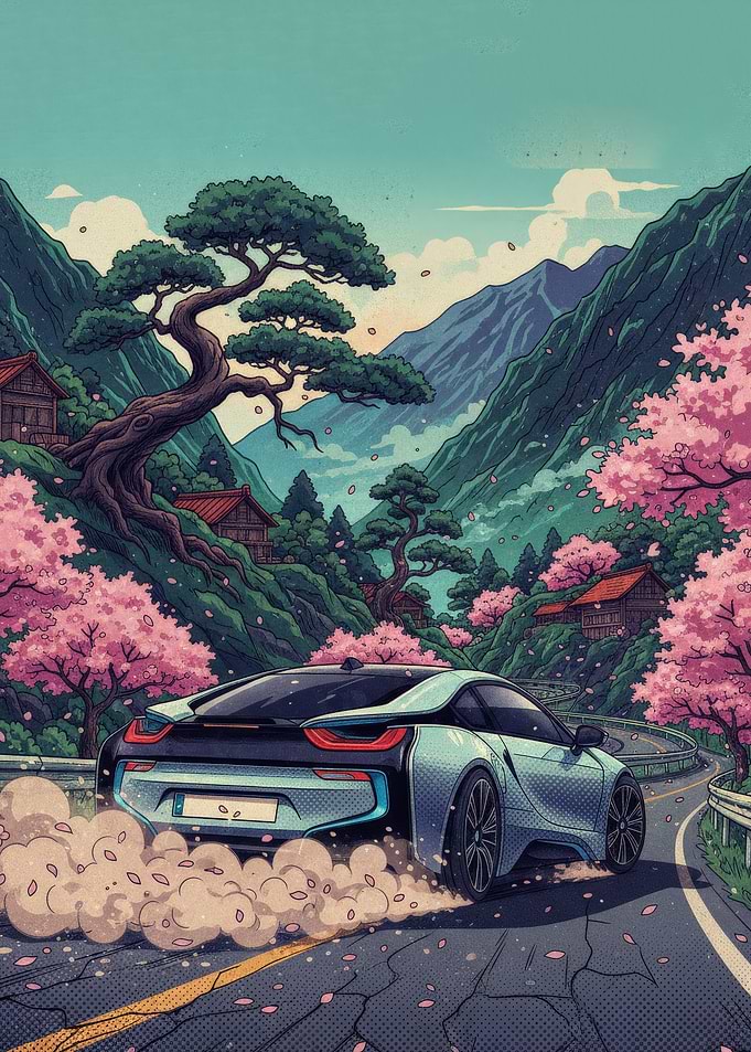Car drifting through Japanese cherry blossoms