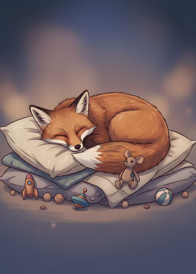 Sleeping Fox on Pillows with Toys