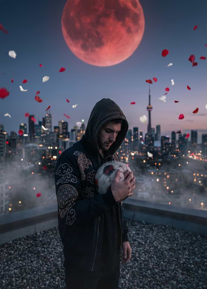 Man with Soccer Ball and Red Moon