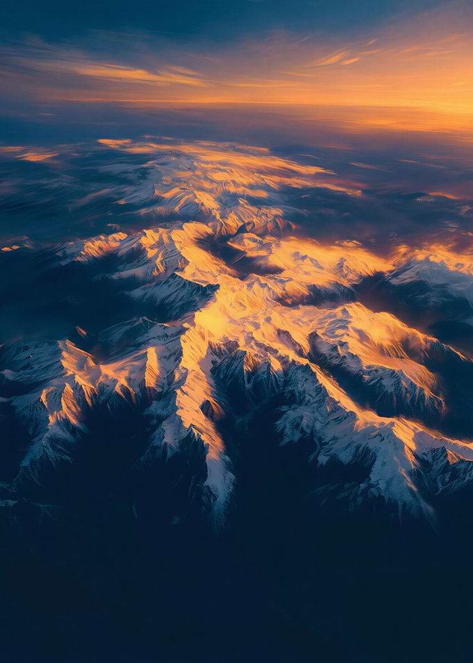 Snowy Mountains at Sunset Aerial View
