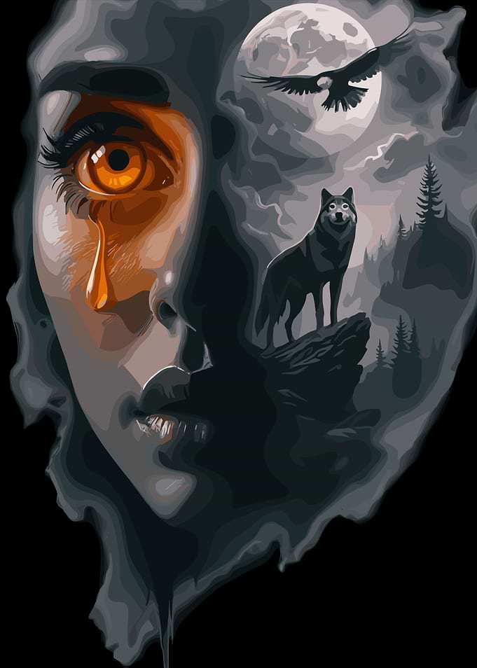 Woman, Wolf, and Raven Digital Art