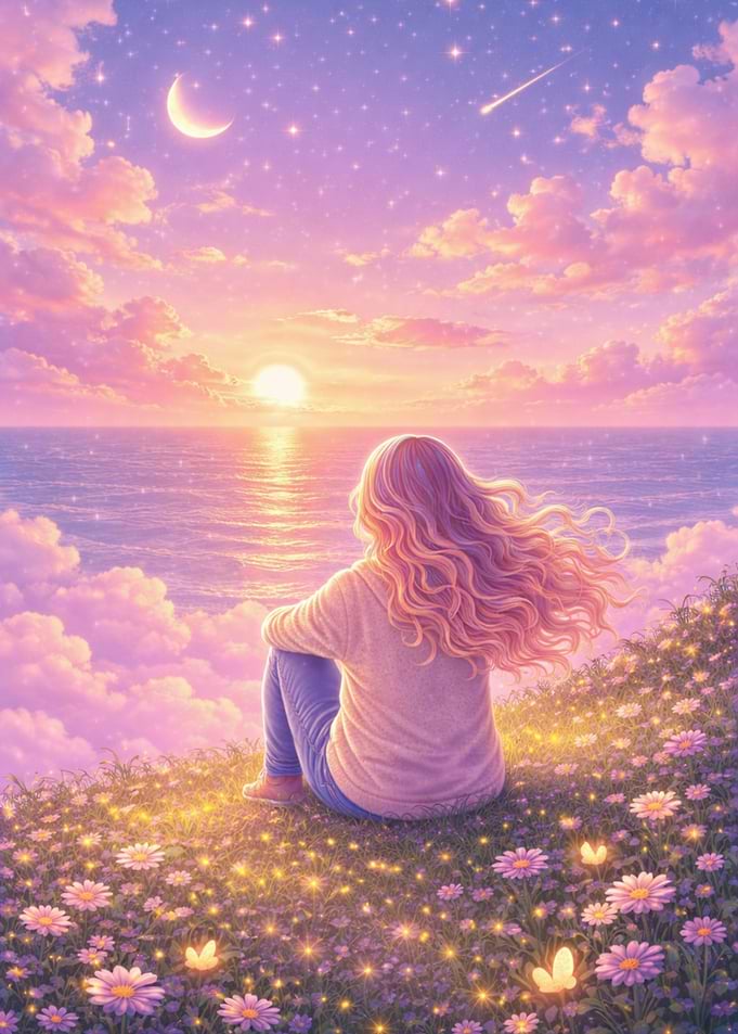 Girl gazing at sunset over ocean