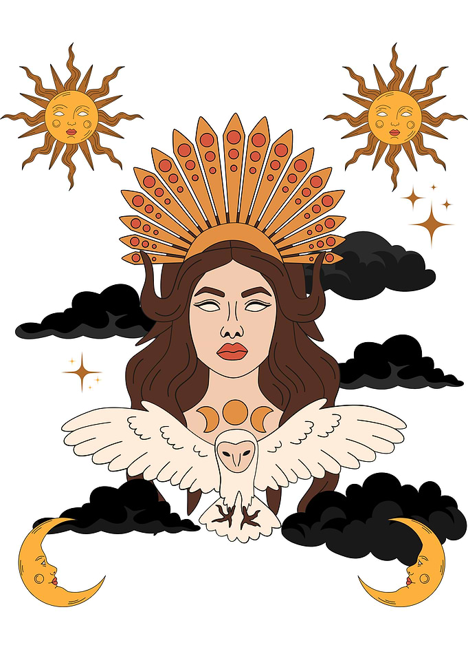 Celestial Woman with Owl and Sun