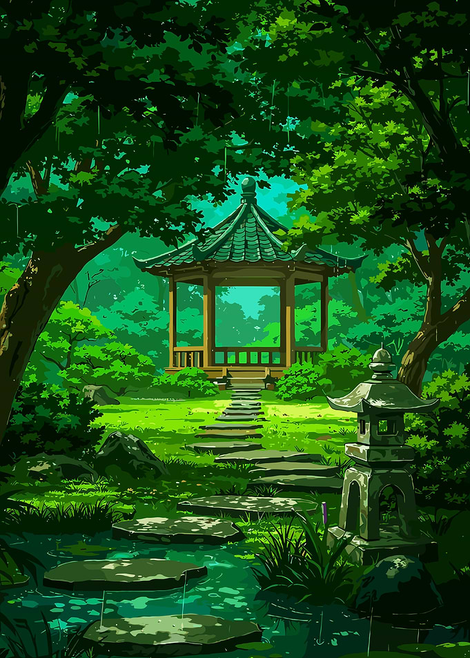 Green Garden with Gazebo and Lantern