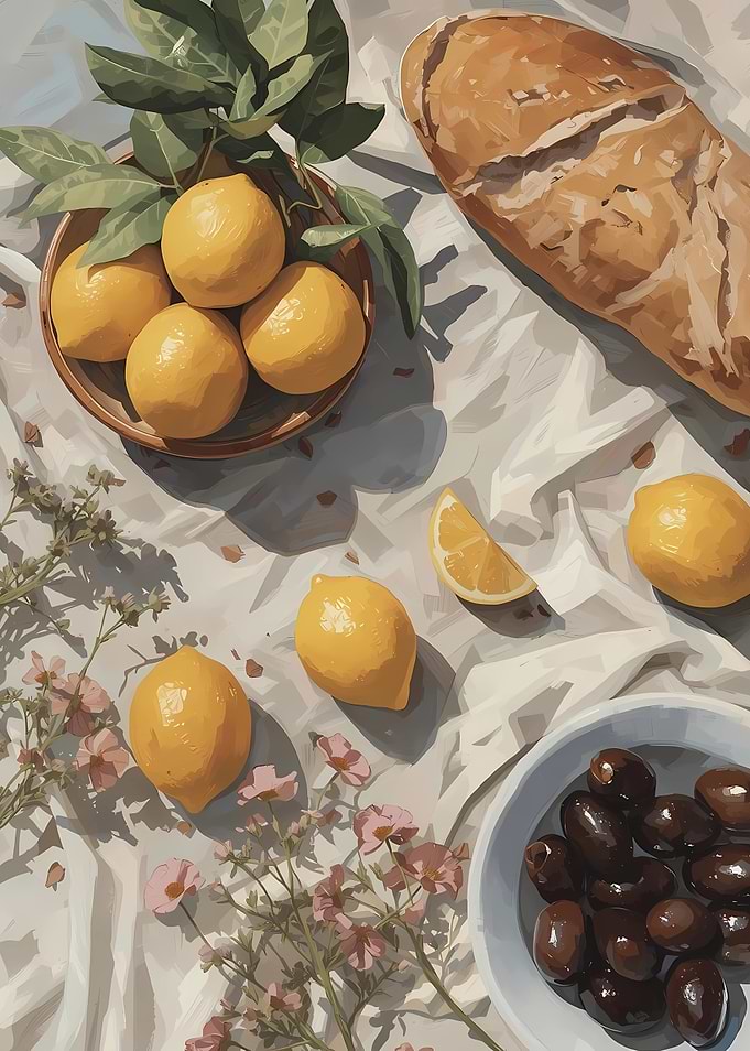 Still Life with Lemons, Bread, and Olives