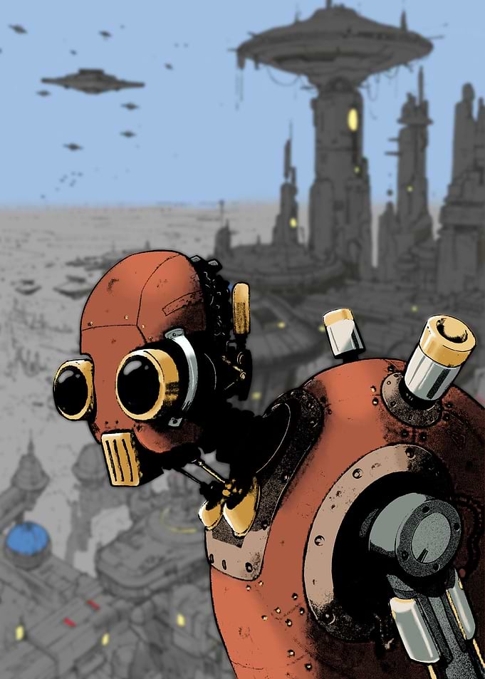 Retro Robot in Futuristic Cityscape