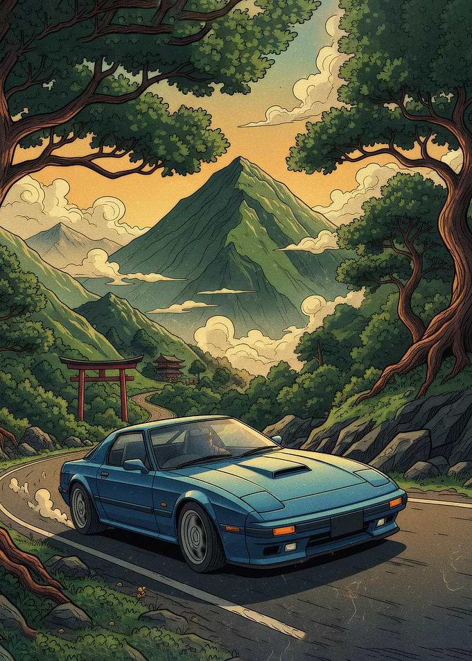 Blue Car in Japanese Landscape
