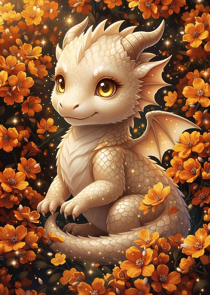 Cute Dragon Surrounded by Orange Flowers