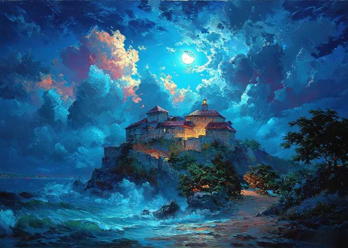 Moonlit Castle by the Sea