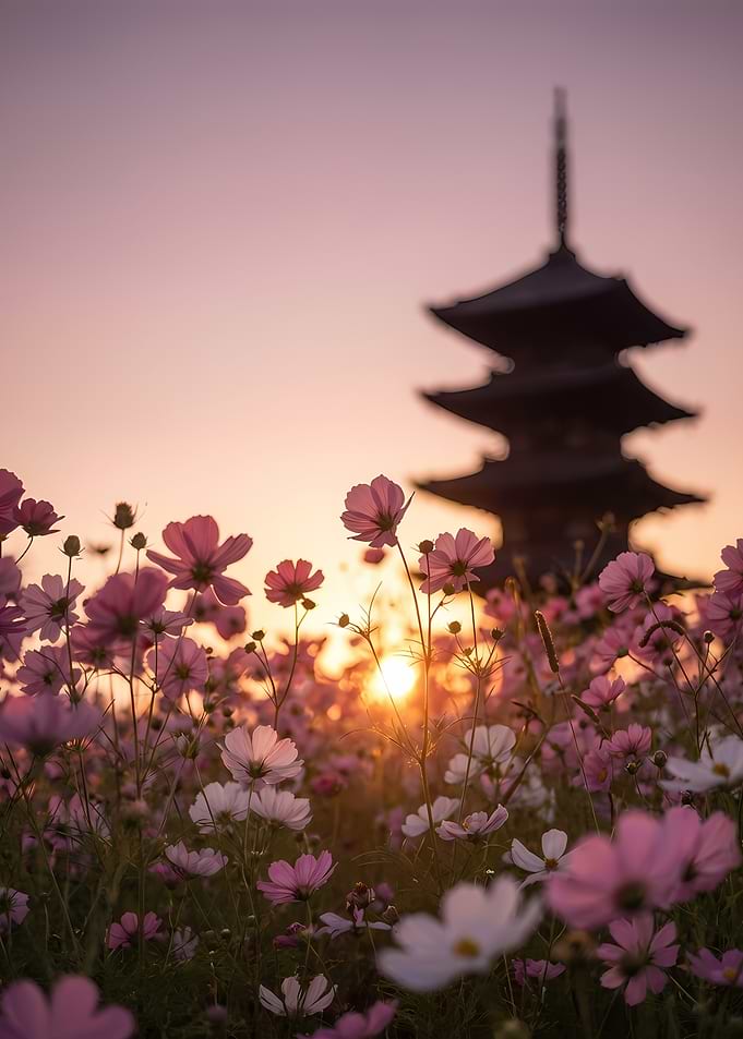 Japanese Pagoda with Cosmos Flowers at Sunset