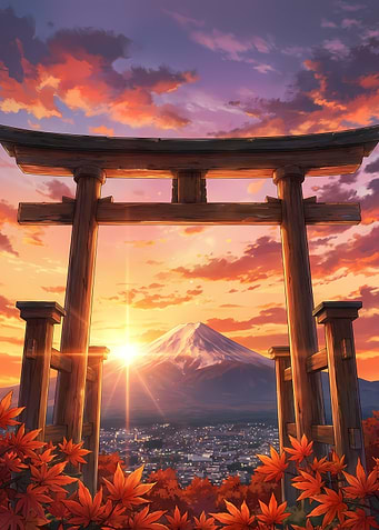 Mount Fuji Sunset Through Torii Gate