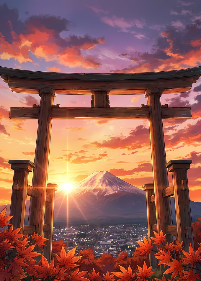 Mount Fuji Sunset Through Torii Gate