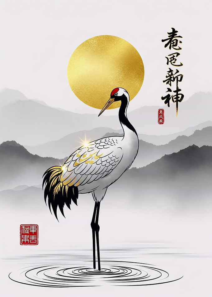 Golden-Crane-Ink-Painting-