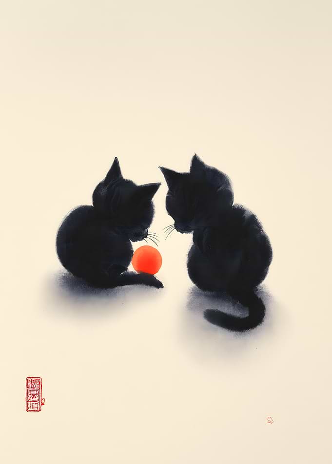 Two Black kitten with sun