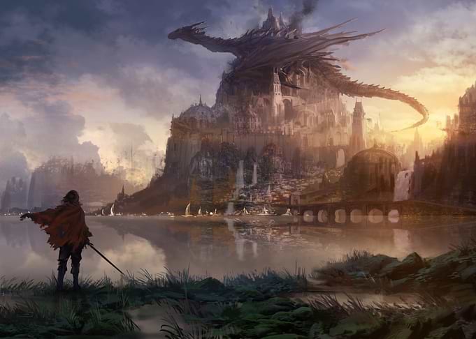 Dragon Overlooking Fantasy Cityscape