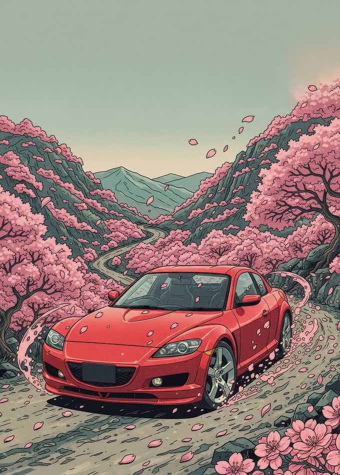 Red Car in Cherry Blossom Landscape