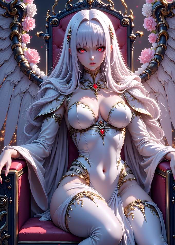 Anime Angel on Throne with Roses
