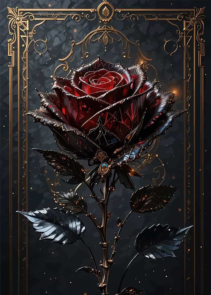 Elegant Dark Red Rose with Gold Frame