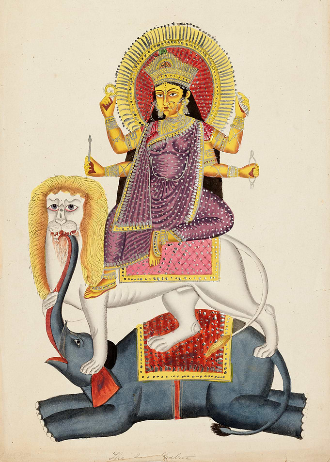 Durga Seated on Lion and Elephant.