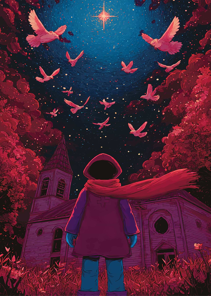 Hooded Figure, Church, and Doves