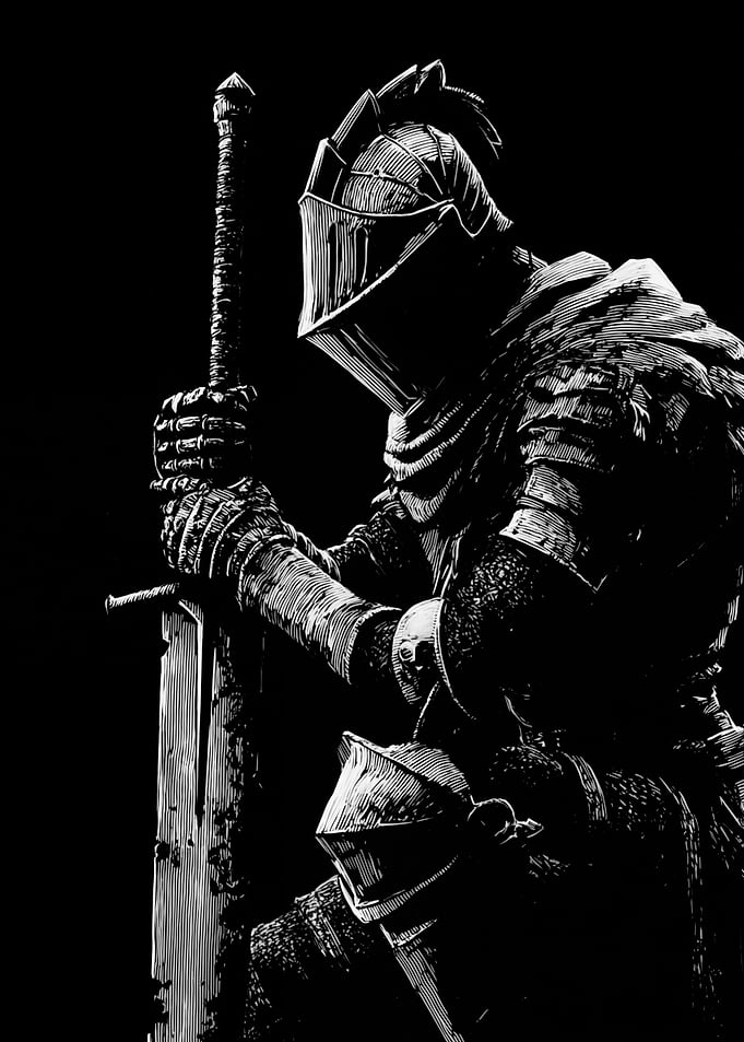Monochrome Knight with Sword Illustration