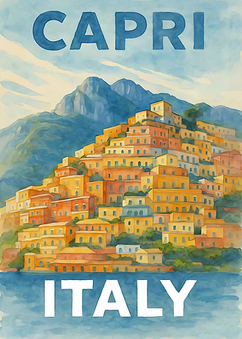 Capri Italy Aquarel Travel Poster Hillside View