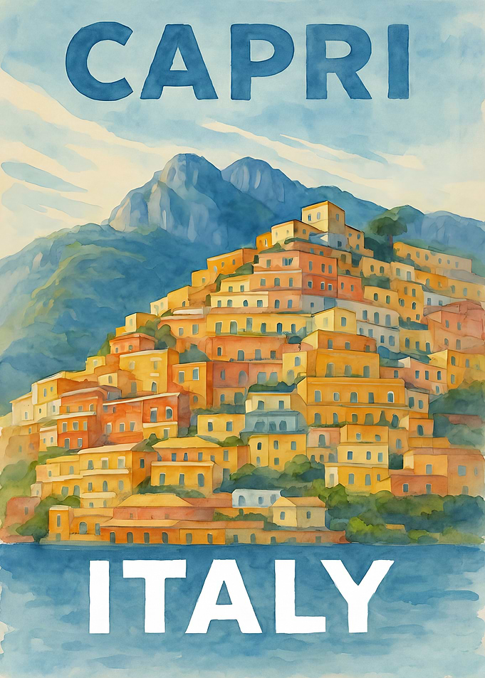 Capri Italy Aquarel Travel Poster Hillside View