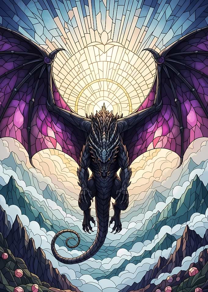 Stained Glass Dragon Over Mountains
