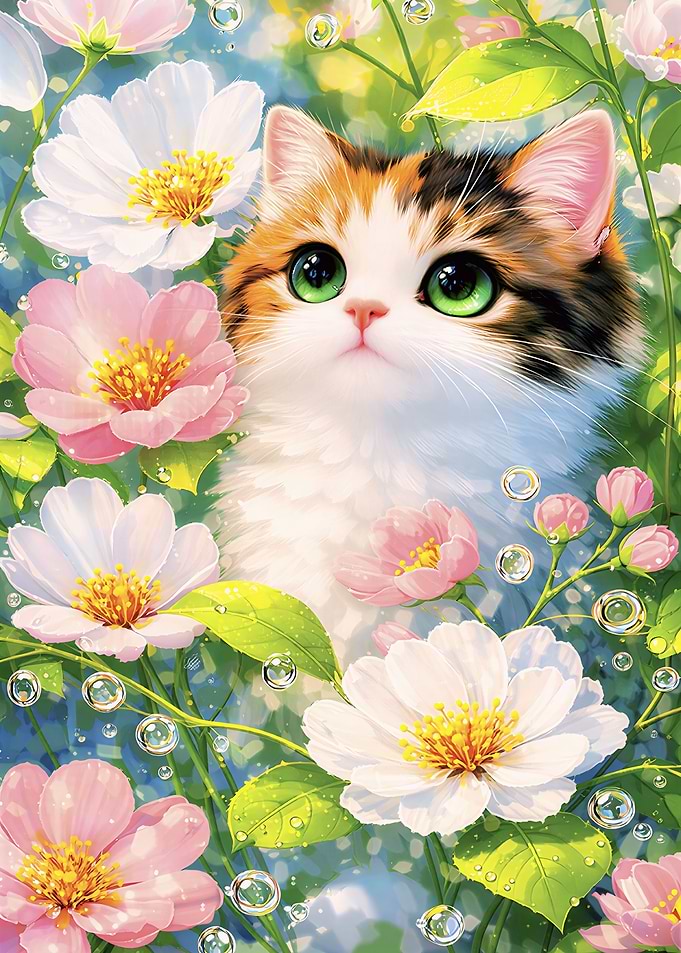 Cute Cat Surrounded by Flowers