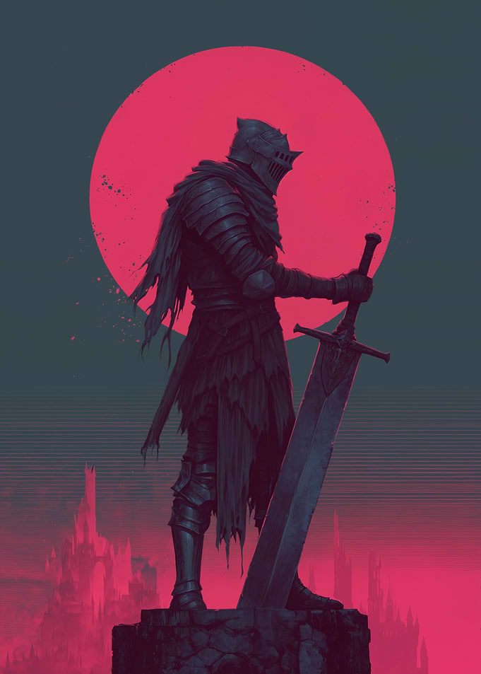 Dark Knight with Sword and Red Sun